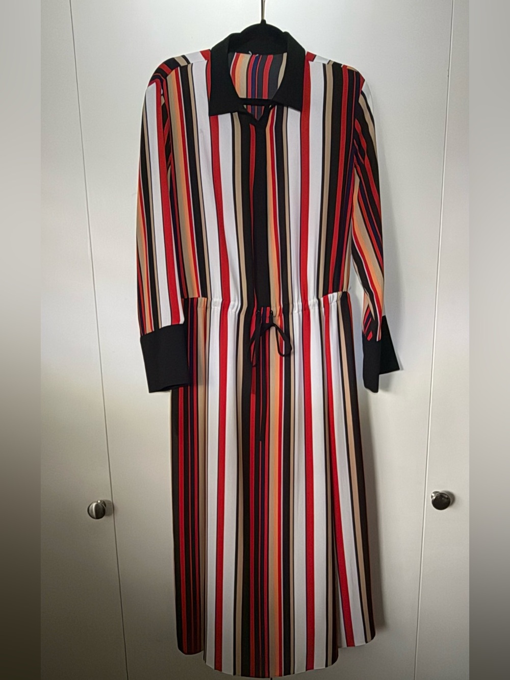 Striped Collared Drawstring Waist Maxi Dress - Red Multi